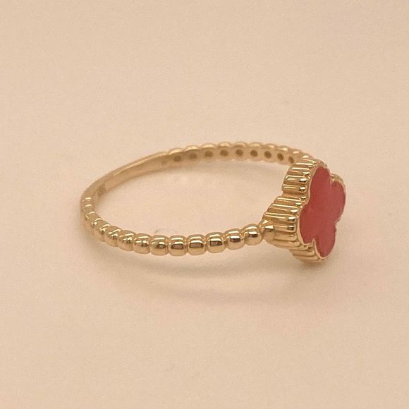 14K Yellow Gold red enamel beaded clover ring - Picture 4 of 7